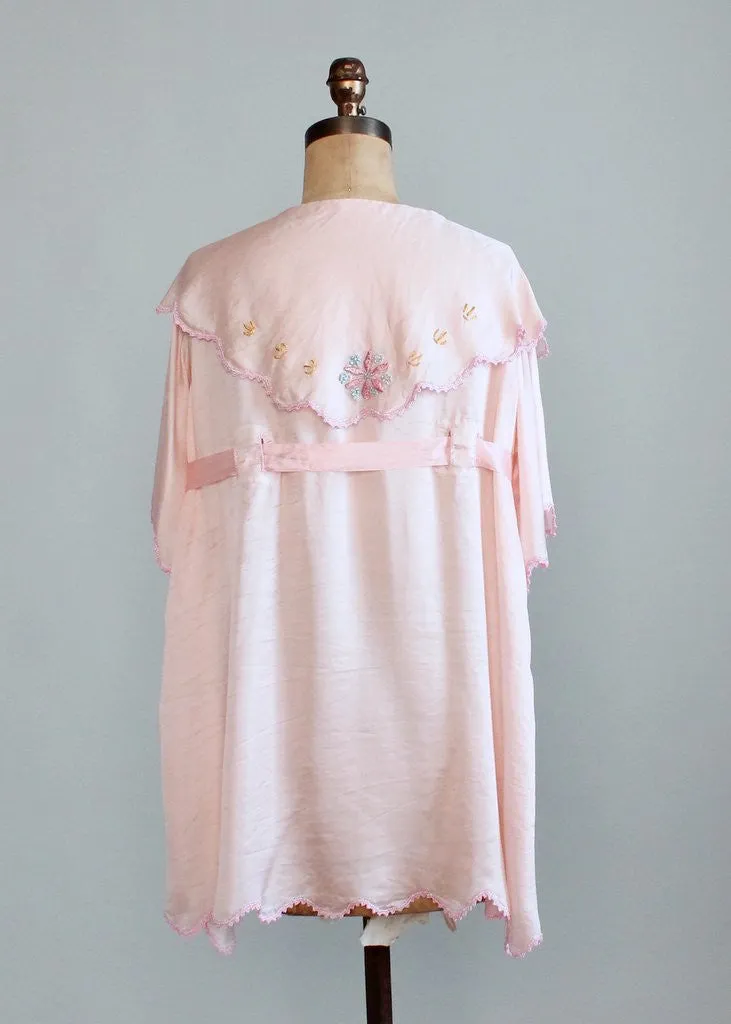 Vintage 1920s Embroidered Pink Silk Lounging Bed Jacket