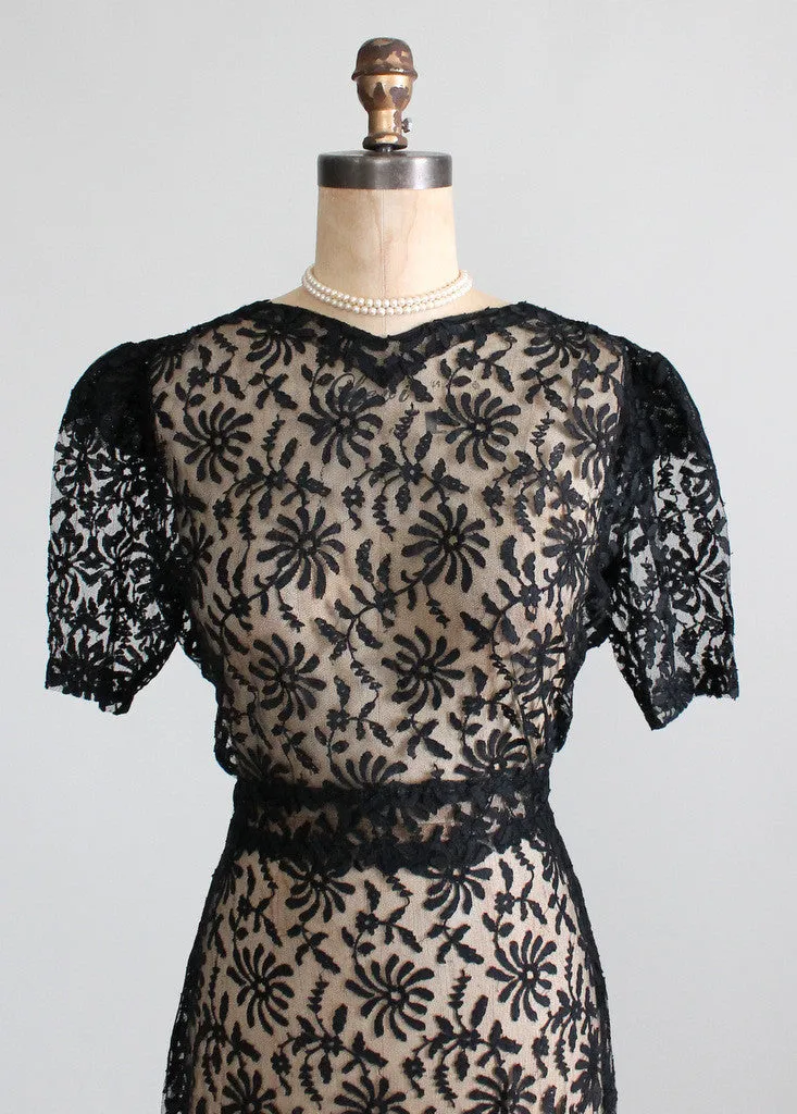 Vintage 1930s Black Lace Sweetheart Dress