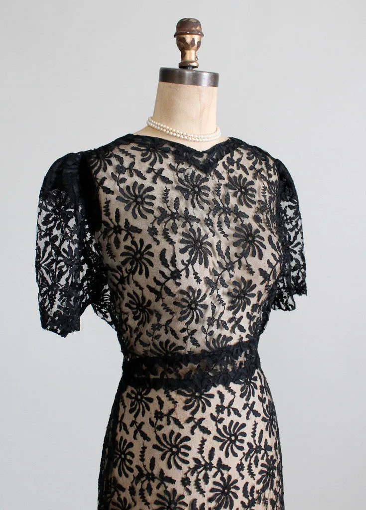 Vintage 1930s Black Lace Sweetheart Dress