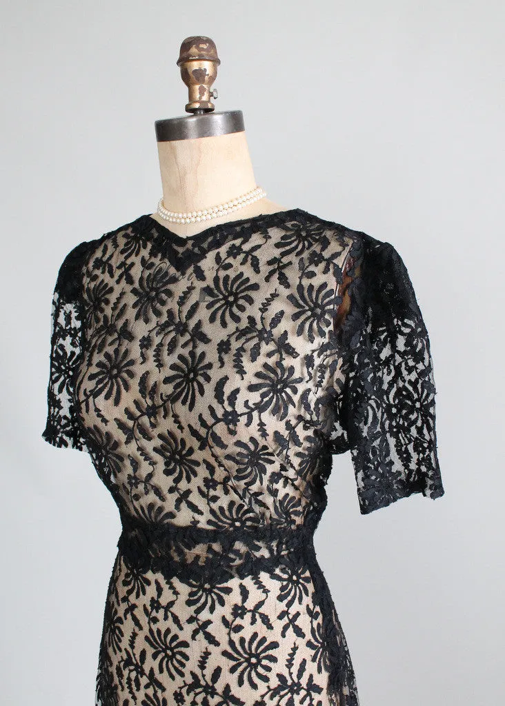 Vintage 1930s Black Lace Sweetheart Dress