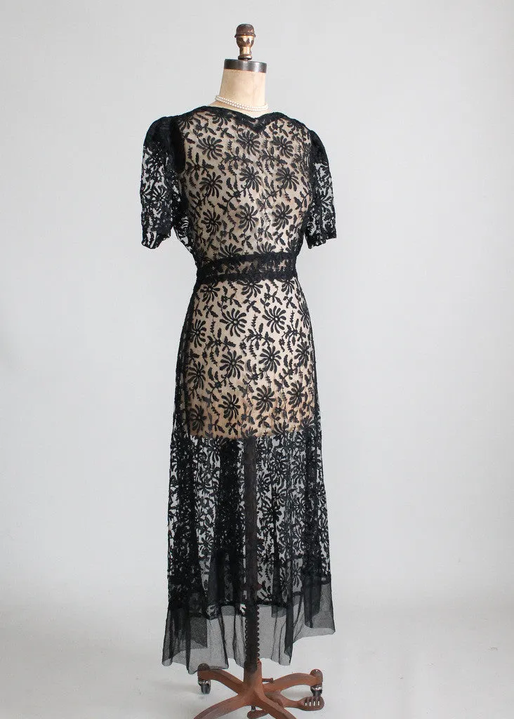 Vintage 1930s Black Lace Sweetheart Dress