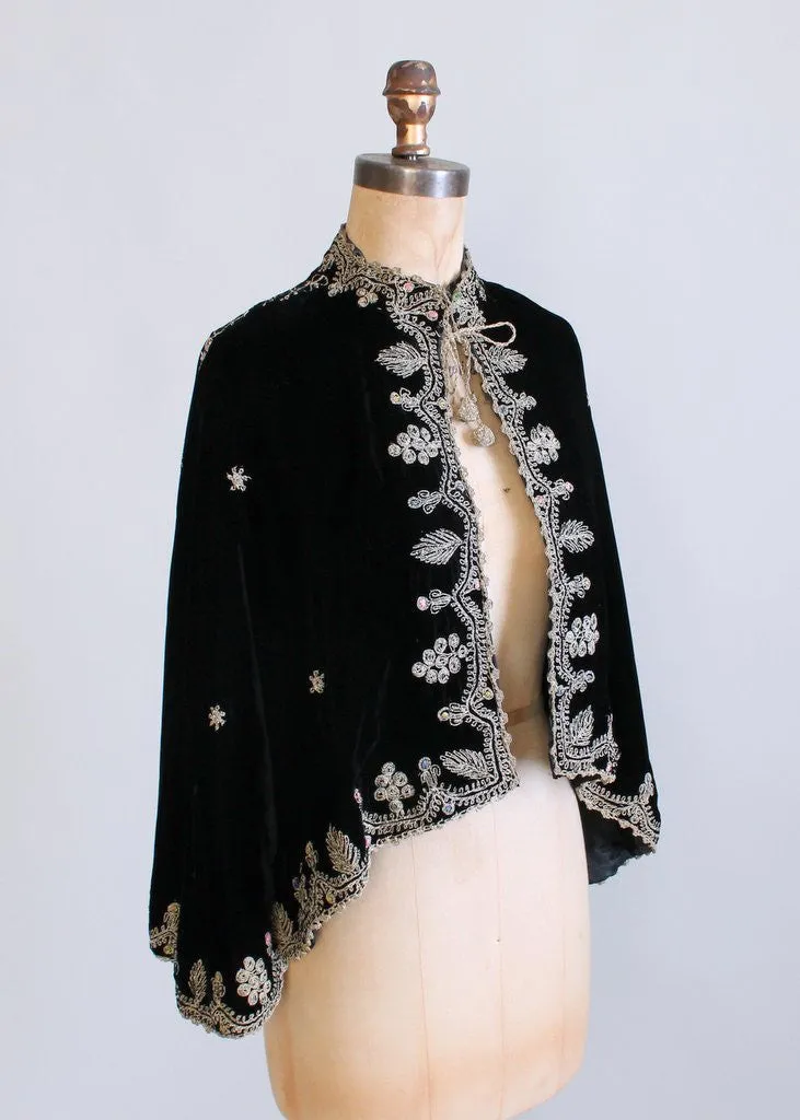 Vintage 1930s Embroidered Black Velvet Cape