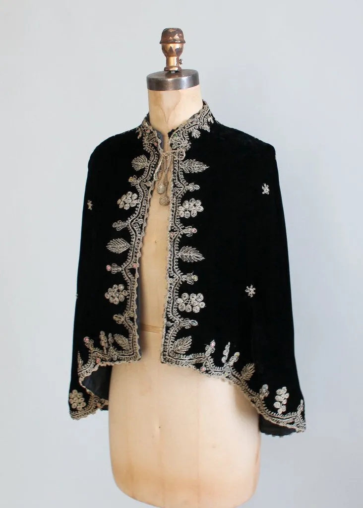 Vintage 1930s Embroidered Black Velvet Cape