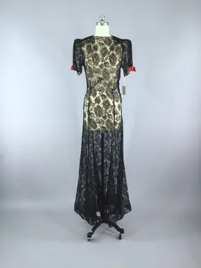 Vintage 1930s Maxi Dress / Black Lace