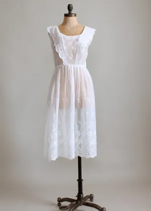 Vintage 1940s White Embroidered Organdy Pinafore Dress