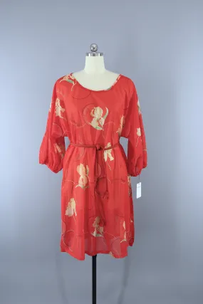 Vintage 1970s Orange Floral Print Chiffon Caftan Dress Swim Cover