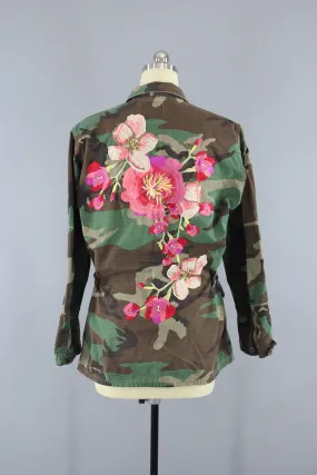 Vintage Army Camouflage Military Jacket with Large Peach Pink Floral Embroidery