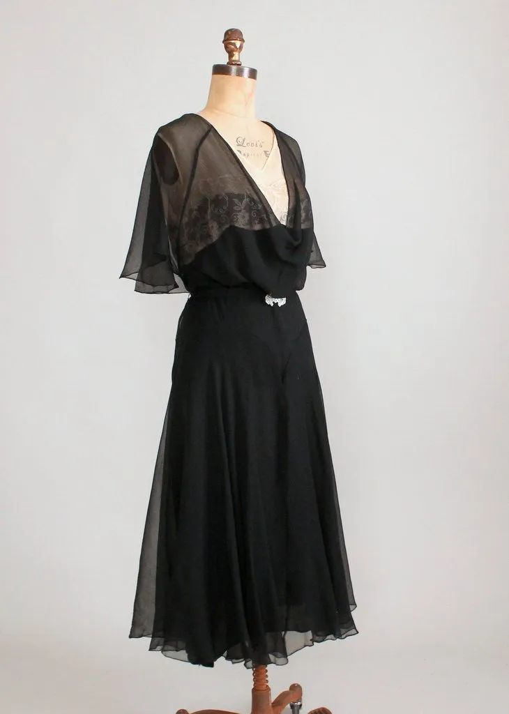 Vintage Early 1930s Black Silk and Nude Lace Dress