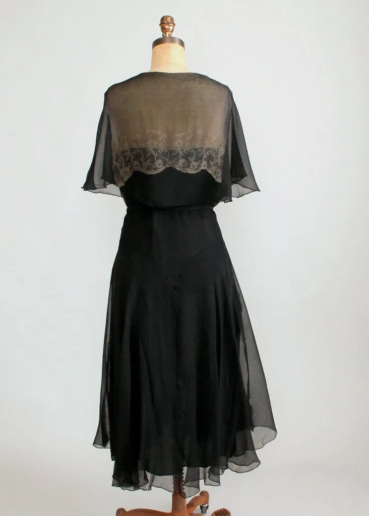 Vintage Early 1930s Black Silk and Nude Lace Dress