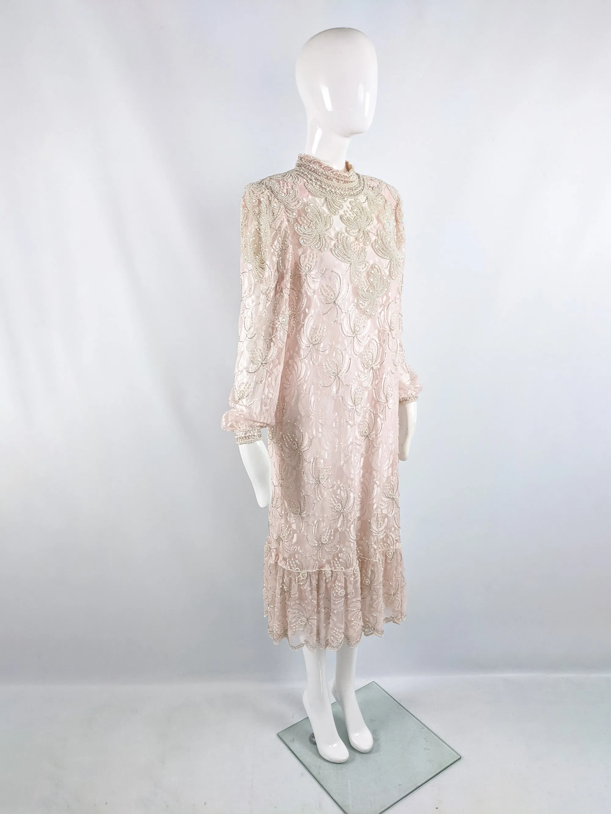 Vintage Sheer Pink Lace Faux Pearl Beaded Dress, 1980s