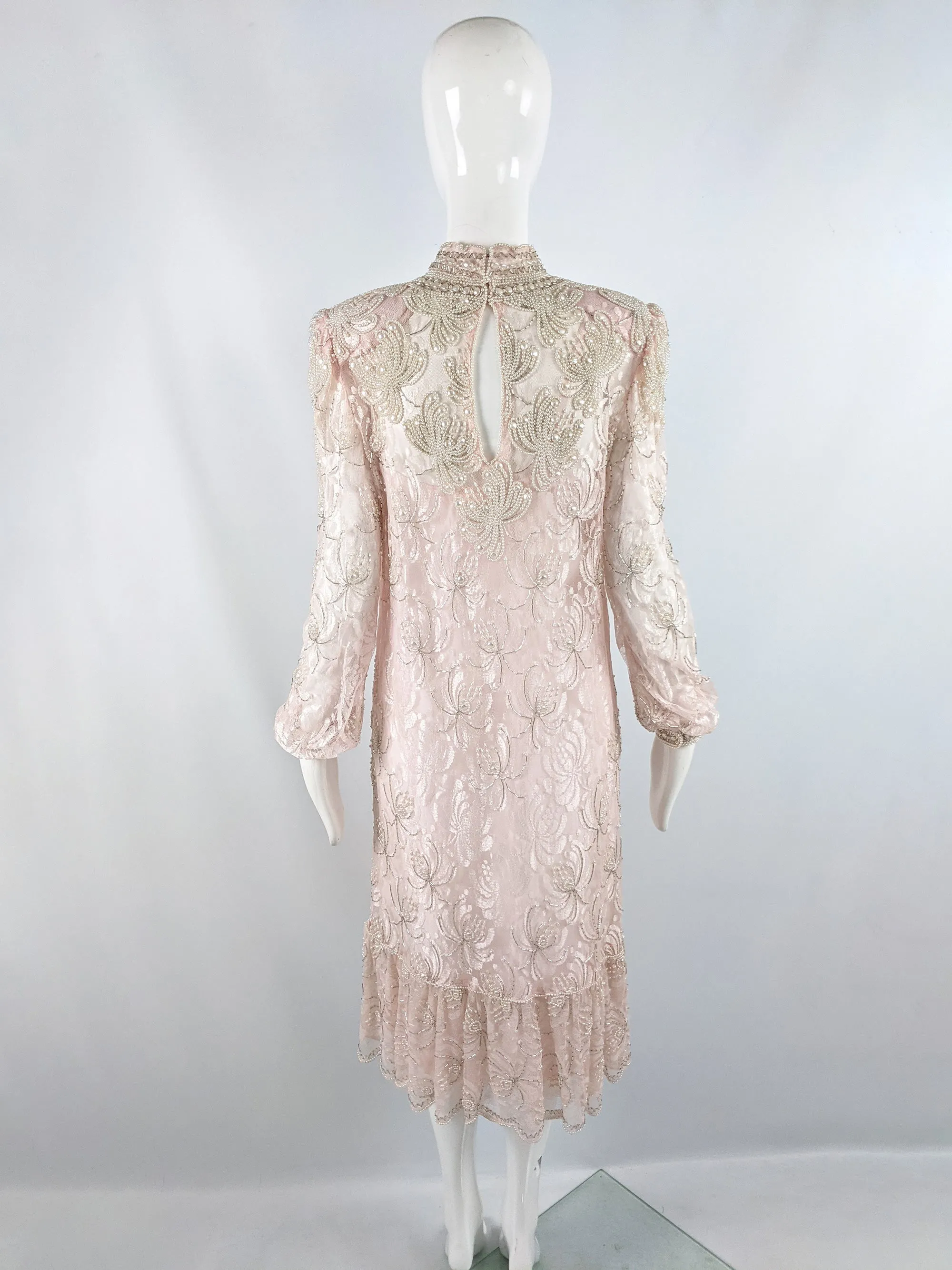 Vintage Sheer Pink Lace Faux Pearl Beaded Dress, 1980s