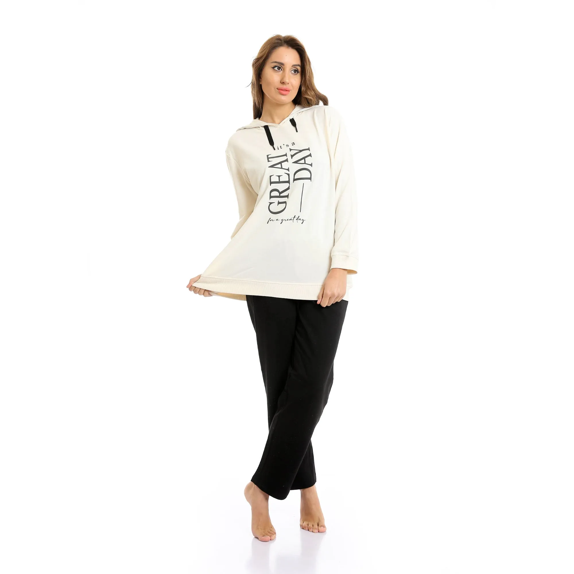 Women Long Hoodie Printed "Great Day" & Pants Pajama Set - Off-White & Black