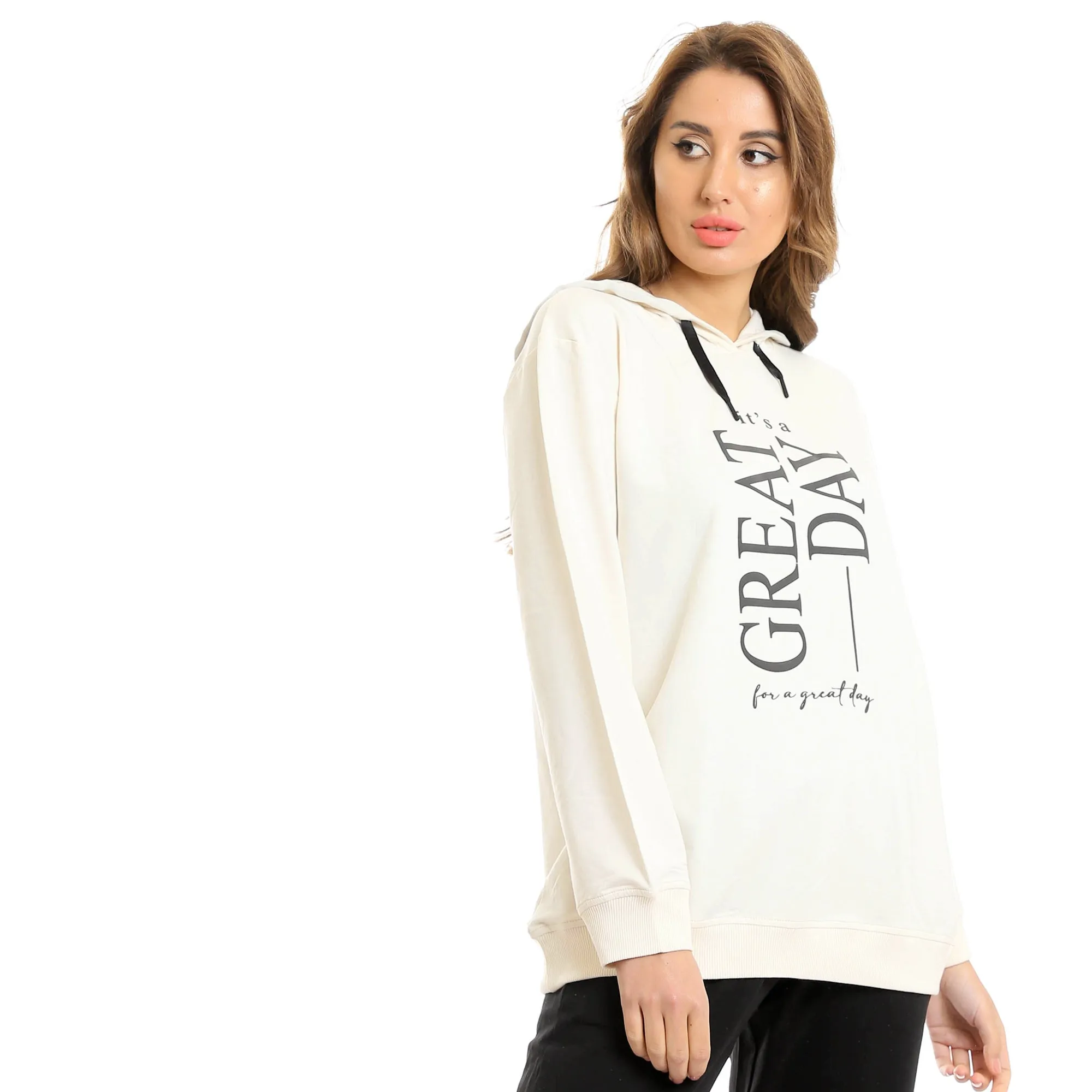 Women Long Hoodie Printed "Great Day" & Pants Pajama Set - Off-White & Black