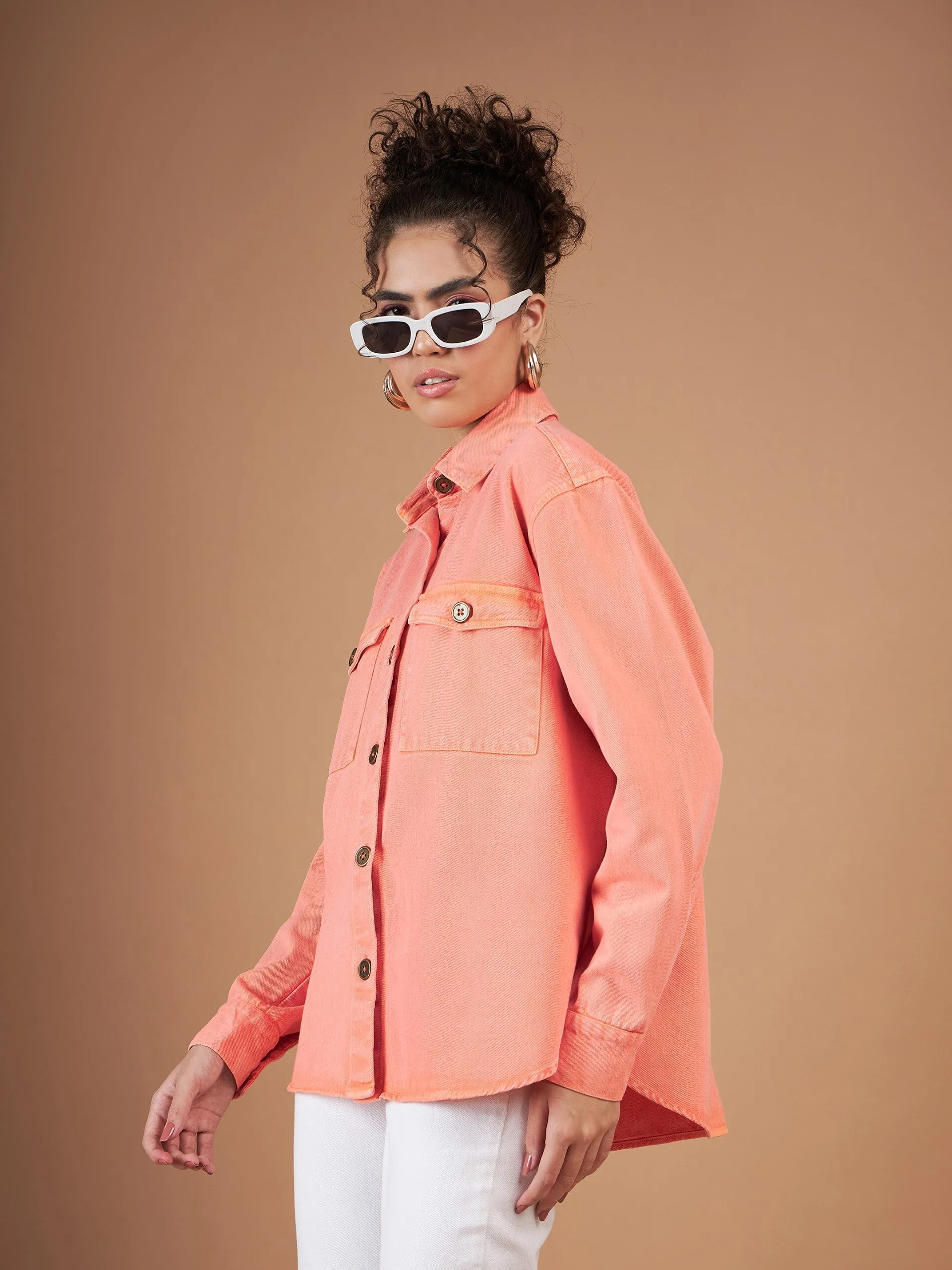 Women Orange Washed Denim Shacket