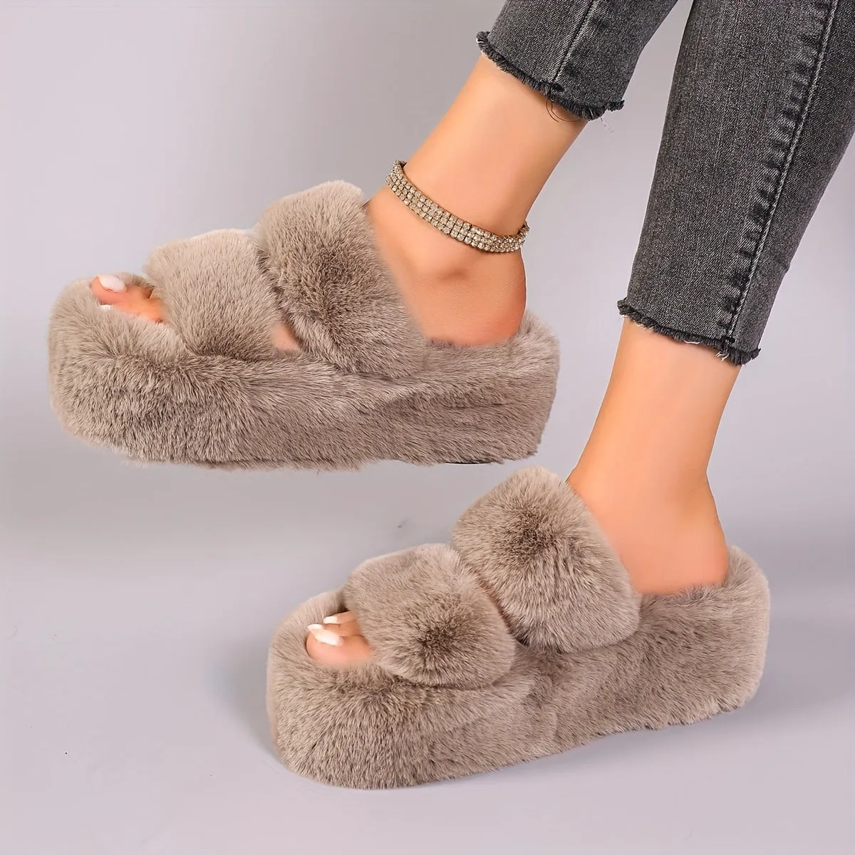 Women's Casual Fluffy Slippers with Thick Sole - All-Season Solid Color Comfort Home Slides with Dual Band Design, Flannel Inner & Insole, Superfine Fiber Upper, Anti-Slip Rubber Sole