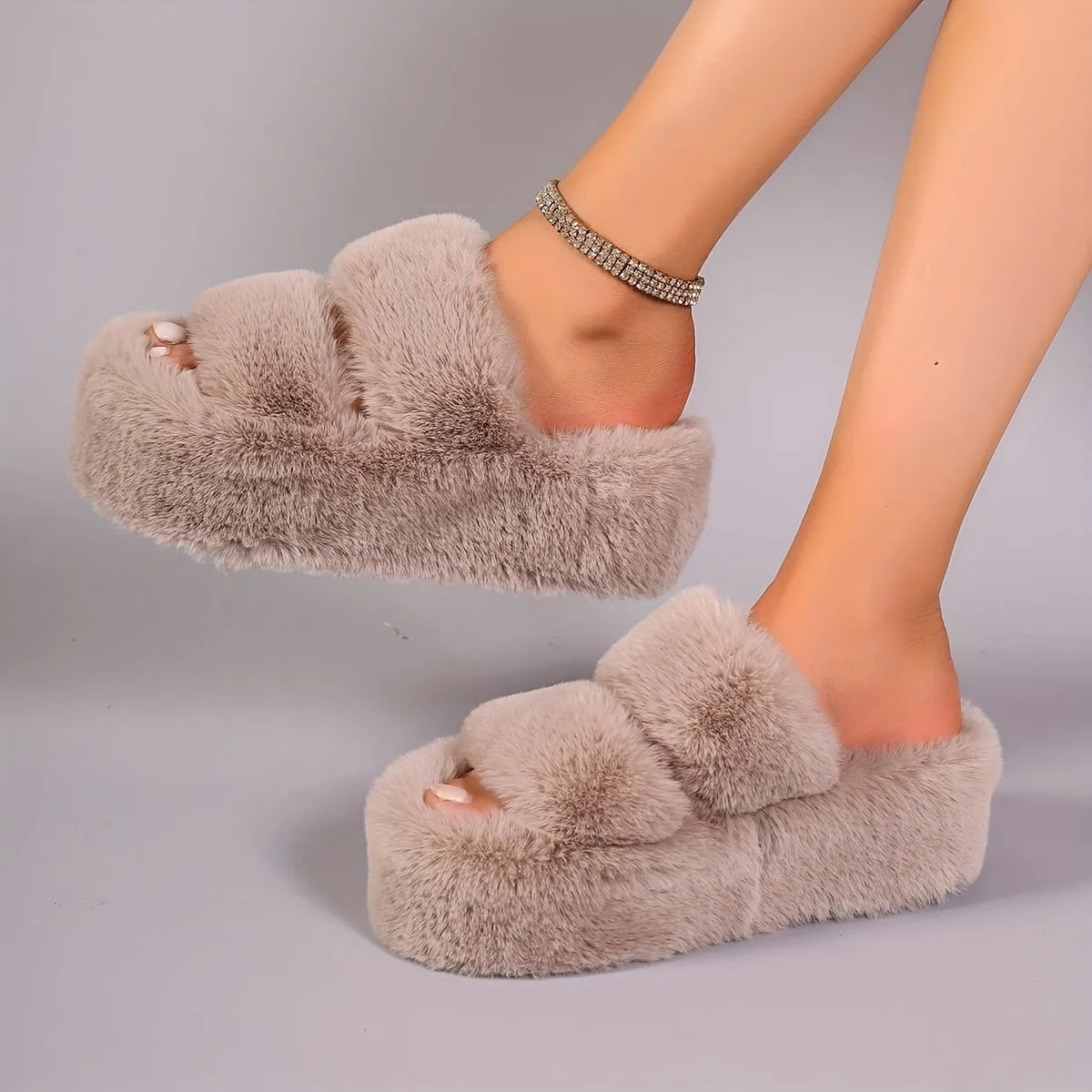 Women's Casual Fluffy Slippers with Thick Sole - All-Season Solid Color Comfort Home Slides with Dual Band Design, Flannel Inner & Insole, Superfine Fiber Upper, Anti-Slip Rubber Sole