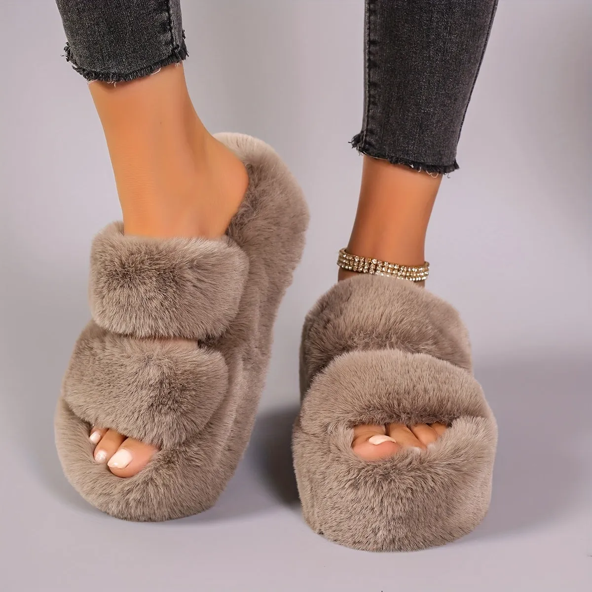 Women's Casual Fluffy Slippers with Thick Sole - All-Season Solid Color Comfort Home Slides with Dual Band Design, Flannel Inner & Insole, Superfine Fiber Upper, Anti-Slip Rubber Sole