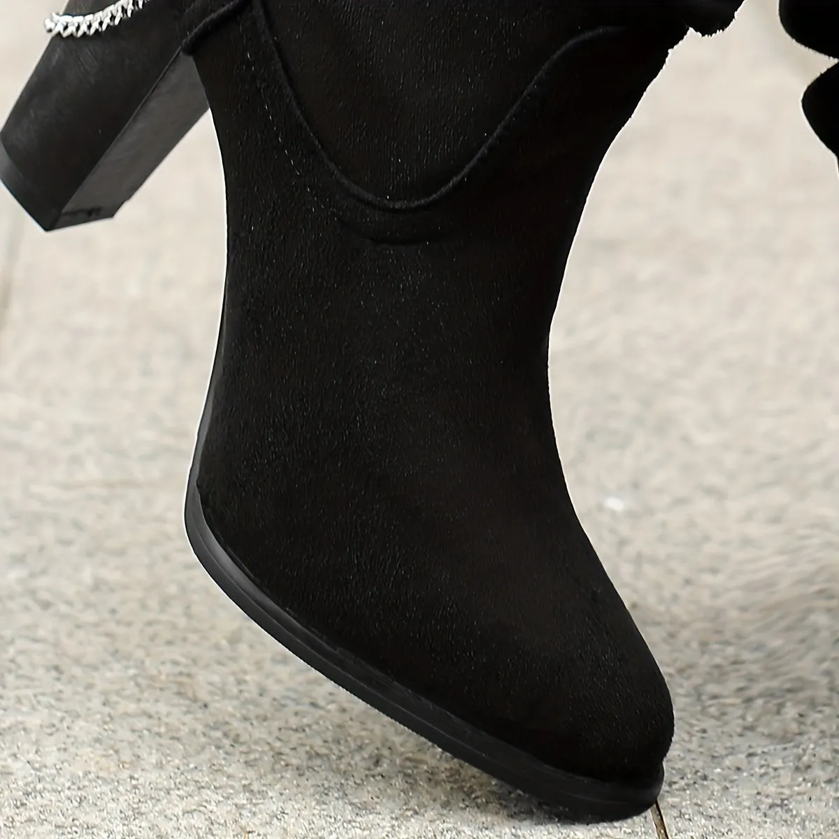 Women's Chain Decor Bock Heeled Boots, Fashion Slip On Dress Boots, Comfortable Ankle Booties