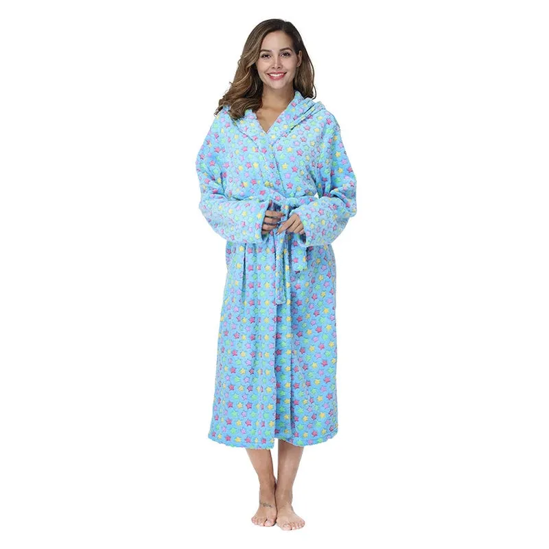 Women's Winter Mid-Calf Long Sleeve Robe in Polyester Coral Fleece, Print Pattern