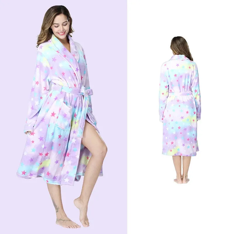 Women's Winter Mid-Calf Long Sleeve Robe in Polyester Coral Fleece, Print Pattern