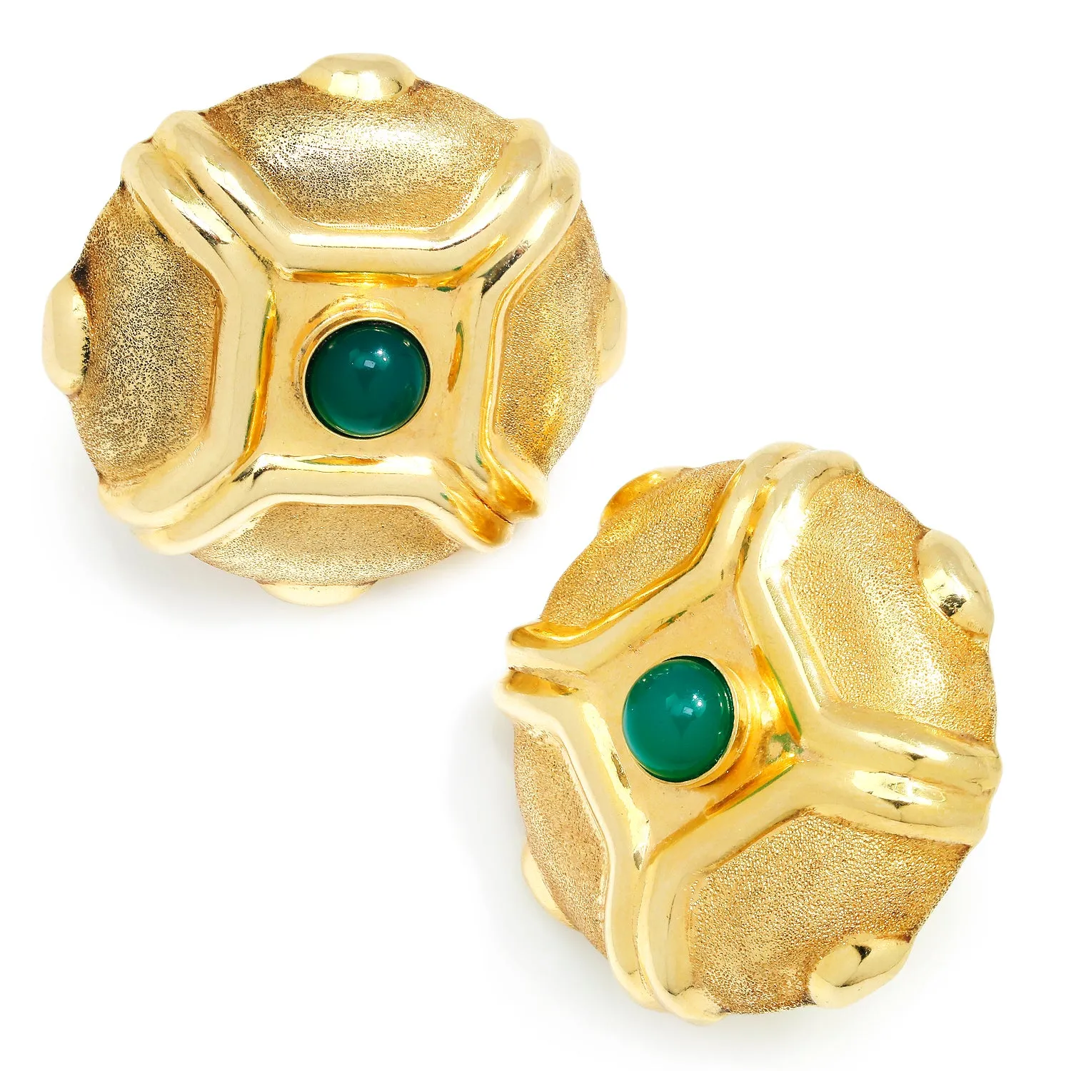 Yellow Gold Etruscan Style Green Chrysoprase Omega Earrings