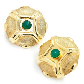 Yellow Gold Etruscan Style Green Chrysoprase Omega Earrings